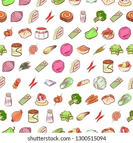 Snacks, Table setting and Vegetables set. Background for printing, design, web. Usable as icons. Seamless. Colored.
