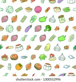 Snacks, Table setting and Vegetables set. Background for printing, design, web. Usable as icons. Seamless. Colored.