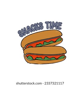 snacks  timeText with colorful hotdog illustration , snacks illustration, daily planner sticker snacks time text with hot dog, Digital planner sticker element, hotdog illustration

