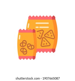 Snacks vector flat color icon. Potato chips in bag. Salty crackers. Junk food. Crisp retzel in package. Vending machine food items. Cartoon style clip art for mobile app. Isolated RGB illustration