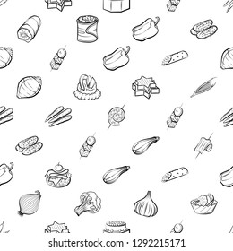 Snacks and Vegetables set. Background for printing, design, web. Usable as icons. Seamless. Monochrome binary, black and white.