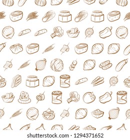 Snacks and Vegetables set. Background for printing, design, web. Usable as icons. Seamless. Binary color.