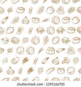 Snacks and Vegetables set. Background for printing, design, web. Usable as icons. Seamless. Binary color.