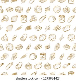Snacks and Vegetables set. Background for printing, design, web. Usable as icons. Seamless. Binary color.