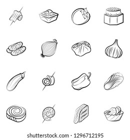 Snacks and Vegetables set. Background for printing, design, web. Usable as icons. Monochrome binary, black and white.