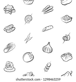Snacks and Vegetables set. Background for printing, design, web. Usable as icons. Seamless. Monochrome binary, black and white.