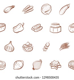Snacks and Vegetables set. Background for printing, design, web. Usable as icons. Seamless. Binary color.