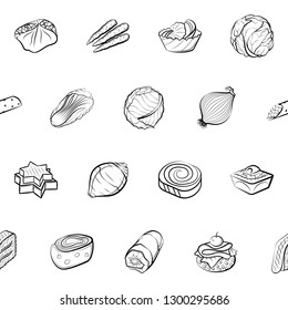 Snacks and Vegetables set. Background for printing, design, web. Usable as icons. Seamless. Monochrome binary, black and white.