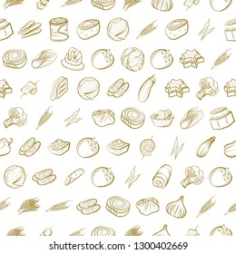 Snacks and Vegetables set. Background for printing, design, web. Usable as icons. Seamless. Binary color.