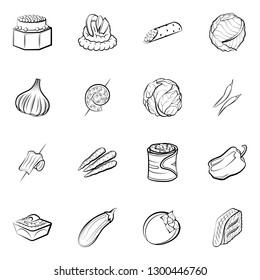 Snacks and Vegetables set. Background for printing, design, web. Usable as icons. Monochrome binary, black and white.