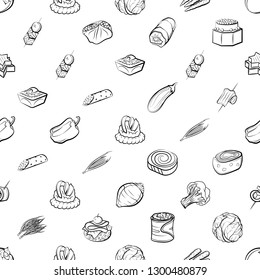 Snacks and Vegetables set. Background for printing, design, web. Usable as icons. Seamless. Monochrome binary, black and white.