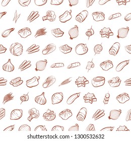 Snacks and Vegetables set. Background for printing, design, web. Usable as icons. Seamless. Binary color.