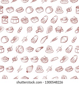 Snacks and Vegetables set. Background for printing, design, web. Usable as icons. Seamless. Binary color.