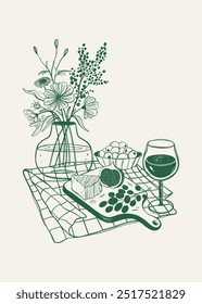 Petiscos e esboço de vinho, ilustração desenhada à mão. Arte da parede da cozinha. Ilustração do vetor