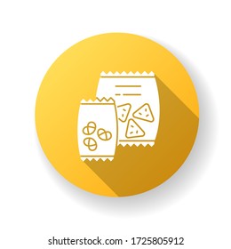 Snacks yellow flat design long shadow glyph icon. Potato chips in bag. Salty crackers in packet. Unhealthy snacks. Fast appetizer. Vending machine food items. Silhouette RGB color illustration