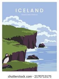 Snaefellsnes Peninsula Nature of Iceland vector illustration landscape background. vector illustration with minimalist style for poster, postcard.