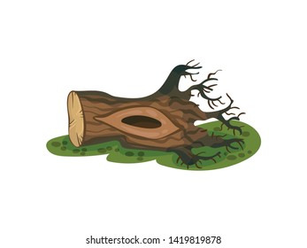 Snag with roots lies on the grass. Vector illustration on white background.