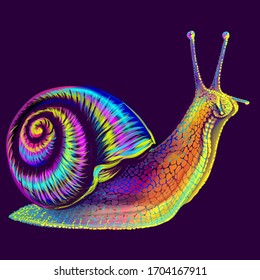 Snail. Abstract, multi-colored, neon portrait of a grape snail on a dark purple background in the style of pop art. 