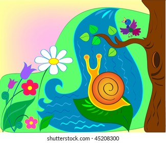 Snail against falls and a glade of colors