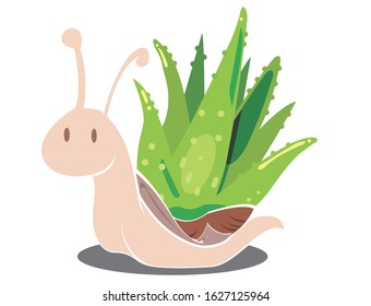 A snail with a aloe vera shell on it's back isolated on white background, vector illustration.