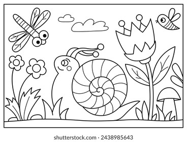 Snail among flowers in spring on a meadow. Black and white vector illustration for coloring book.