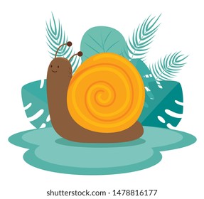 snail animal with branches leaves plants