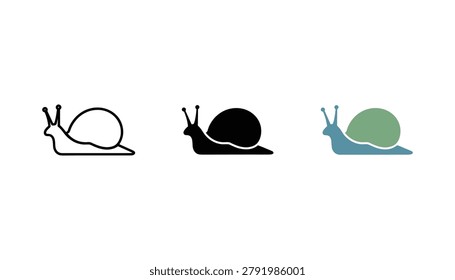 Snail animal icon set featuring cute garden gastropod in line art solid black and flat blue and green color styles for wildlife and nature-themed digital design projects