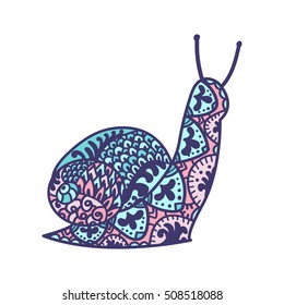 Snail. Animals. Hand drawn doodle insect. Ethnic patterned vector illustration. African, indian, totem, tribal, zentangle design. Sketch for adult coloring page, tattoo, print or t-shirt.