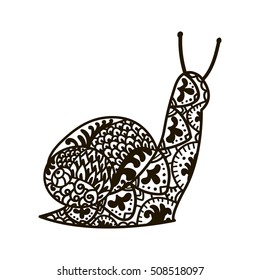 Snail. Animals. Hand drawn doodle insect. Ethnic patterned vector illustration. African, indian, totem, tribal, zentangle design. Sketch for adult coloring page, tattoo, print or t-shirt.