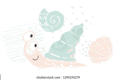 Snail baby cute print. Sweet sea animal. Cool ocean animal illustration for nursery t-shirt, kids apparel, party and baby shower invitation. Simple child design. Summer time