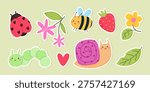 Snail, bee, caterpillar, ladybug cute stickers set. Collection with garden animals, insects and flowers on white background. Flat vector illustration.