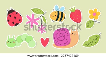 Snail, bee, caterpillar, ladybug cute stickers set. Collection with garden animals, insects and flowers on white background. Flat vector illustration.