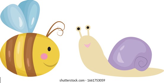 snail and bee in one frame animal cartoon with cute design animal bee and animal snail 2d 