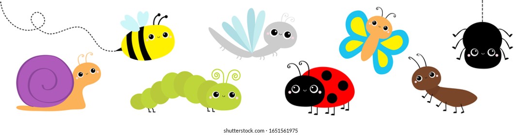 Snail, beetle, ladybug ladybird, dragonfly ant, butterfly, green caterpillar, spider honey bee. Insect set. Cute cartoon kawaii baby animal character. Flat design. Isolated White background. Vector