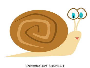 A snail with a brown shell and blue eyes. Children's illustration, drawing.