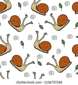 a snail with a brown shell and a leaf for wallpaper. pattern