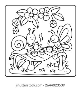 Snail and Butterfly Tea Party – Tiny Garden Coloring Page for Kids