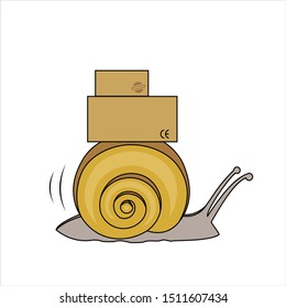 Snail Carries A Cart With Boxes, Side view. Slow Delivery. Signs on Cardboard Boxes. Symbol of Slowness. Modern flat Vector illustration on white background.