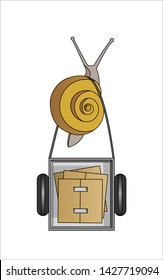 Snail Carries A Cart with Boxes, Top view. Slow Delivery. Symbol of Slowness. Modern flat Vector illustration on white background.
