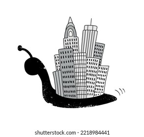 Snail carrying a big city instead of its characteristic shell. Conceptual black and white inked strokes hand drawn sketch style vector illustration isolated on white background.