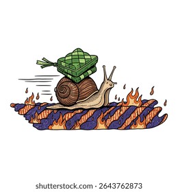 A snail carrying ketupat on its back, moving quickly over a fiery surface. A whimsical illustration of food delivery.