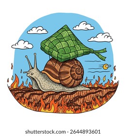 A snail carrying a ketupat, a traditional Southeast Asian food, amidst a fiery landscape.