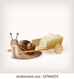 Snail with the cart with mail. Vector illustration.