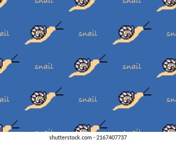 Snail cartoon character seamless pattern on blue background. Pixel style