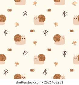 Snail cartoon so cute. On log tree mushroom background. Pattern seamless vector illustration. 