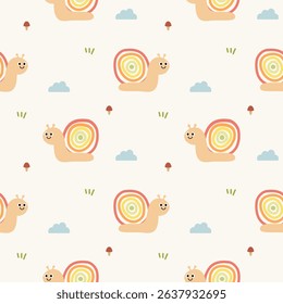 Snail cartoon so cute. On mushrooms grass cloud background. Pattern seamless vector illustration. 
