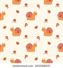 Snail cartoon so cute. On strawberry mushroom flower background. Pattern seamless vector illustration. 