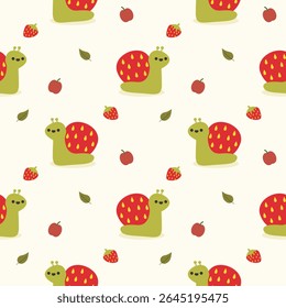 Snail cartoon so cute. On strawberry apple leaf background. Pattern seamless vector illustration. 