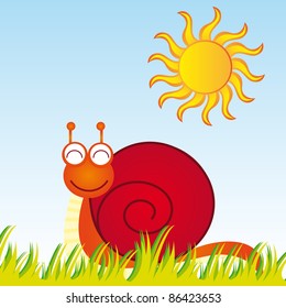 snail cartoon with grass and sun over sky background. vector