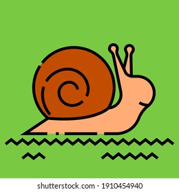 Snail cartoon icon isolated on green background. Simple line flat snail shell vector pictogram.